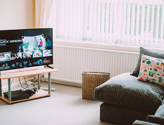 Chic and comfortable living room featuring a modern sofa, decorative pillows, and a TV streaming popular shows.