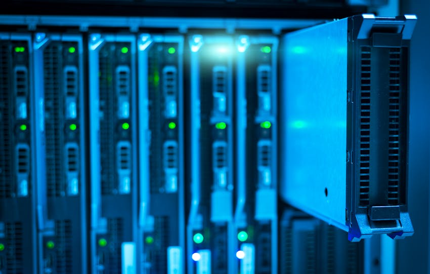 Detailed view of a server rack with a focus on technology and data storage.